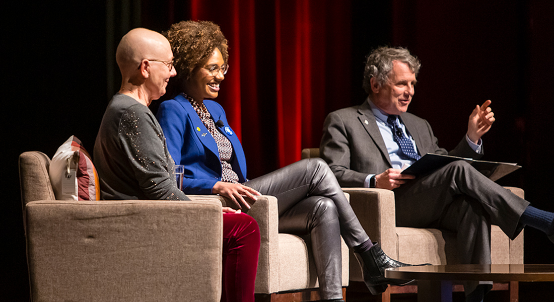 Filmmaker Julia Reichert and visual artist LaToya Ruby Frazer talk onstage with Senator Sherrod Brown