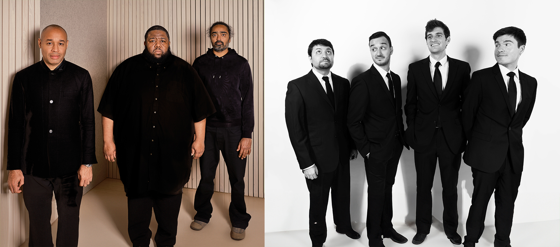 A photo of the Tyshawn Sorey Trio, three men in black button ups. A photo of Sandbox Percussion, four men wearing suits. 