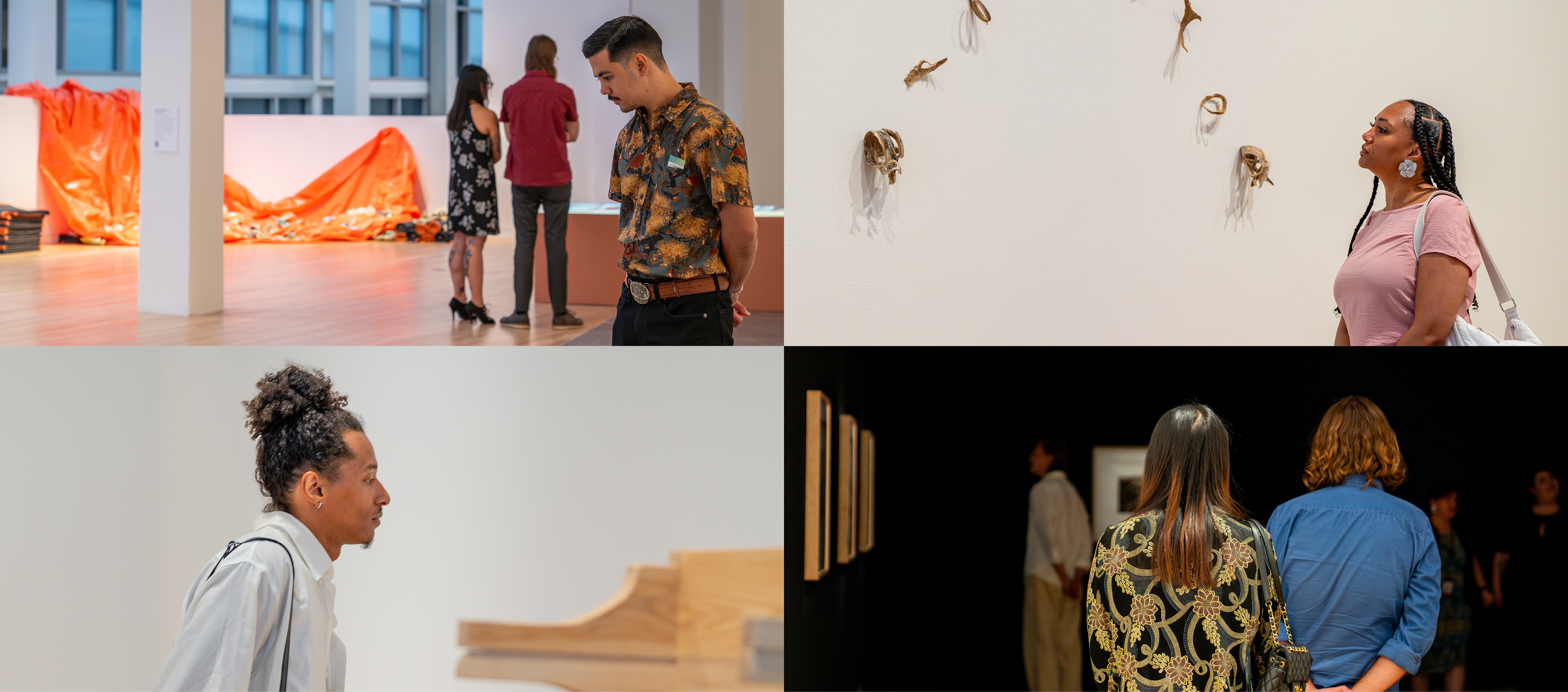 Collage of four views of people looking at sculpture and photographs in both brightly lit and darkened galleries.