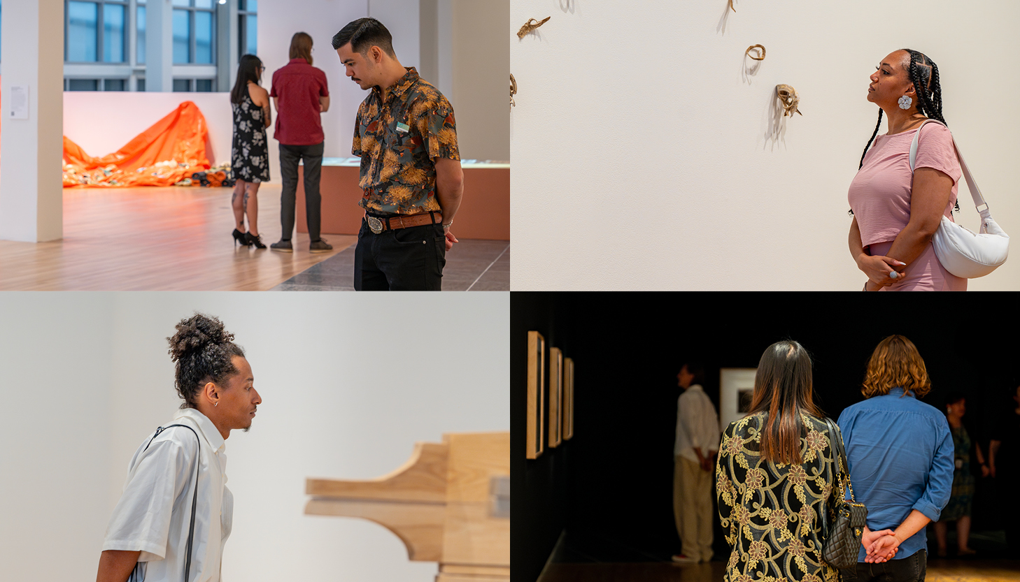 Collage of four views of people looking at sculpture and photographs in both brightly lit and darkened galleries.