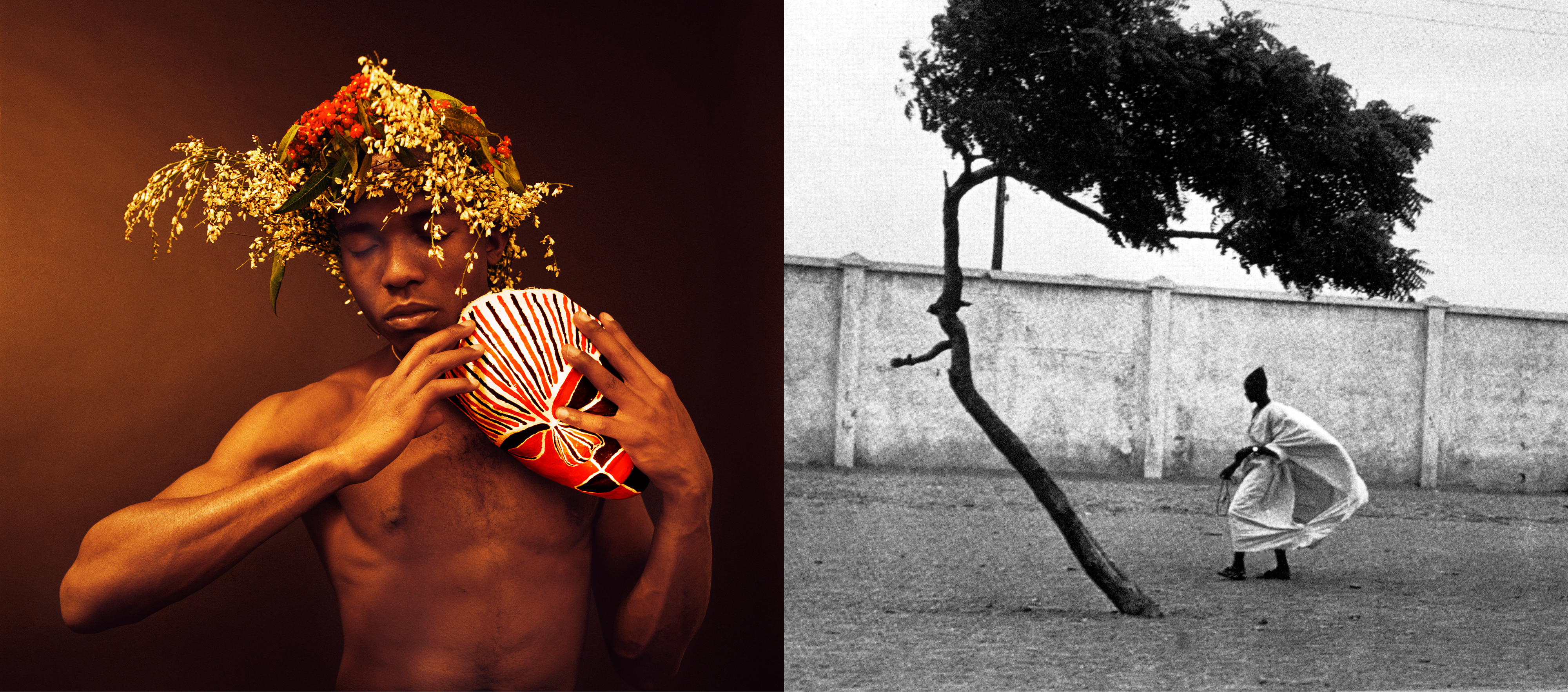 Collage of a color photograph of a shirtless Black man holding a painted mask and a black-and-white photograph of a person in a kaftan walking by a tree. 