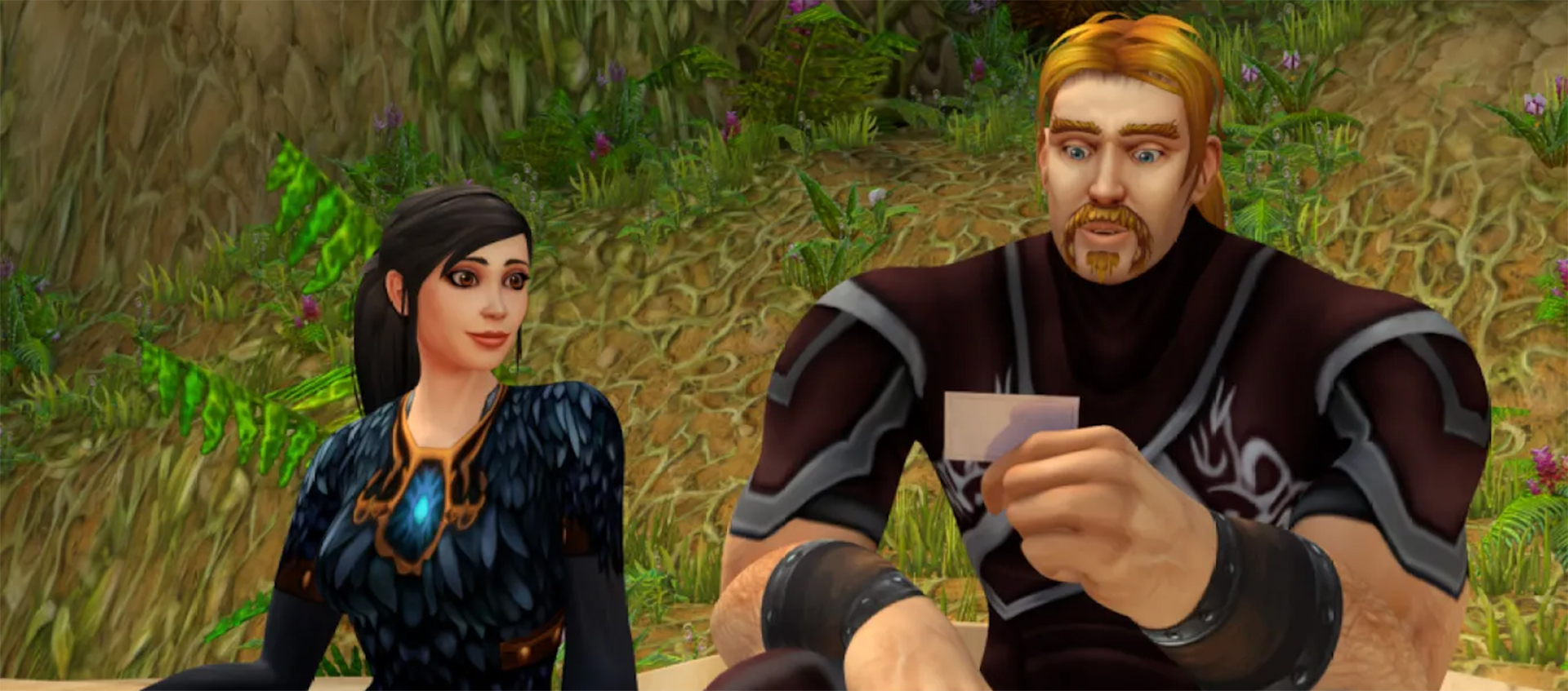 A videogame still of two characters a small dark-haired woman, and a large red-haired man, both in black.