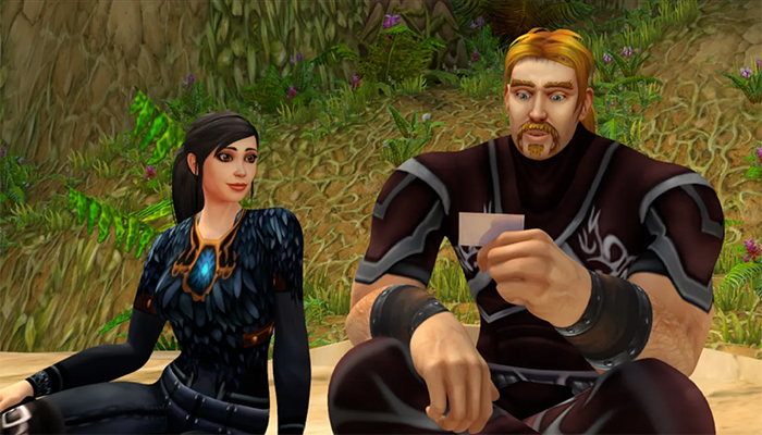 A videogame still of two characters a small dark-haired woman, and a large red-haired man, both in black.