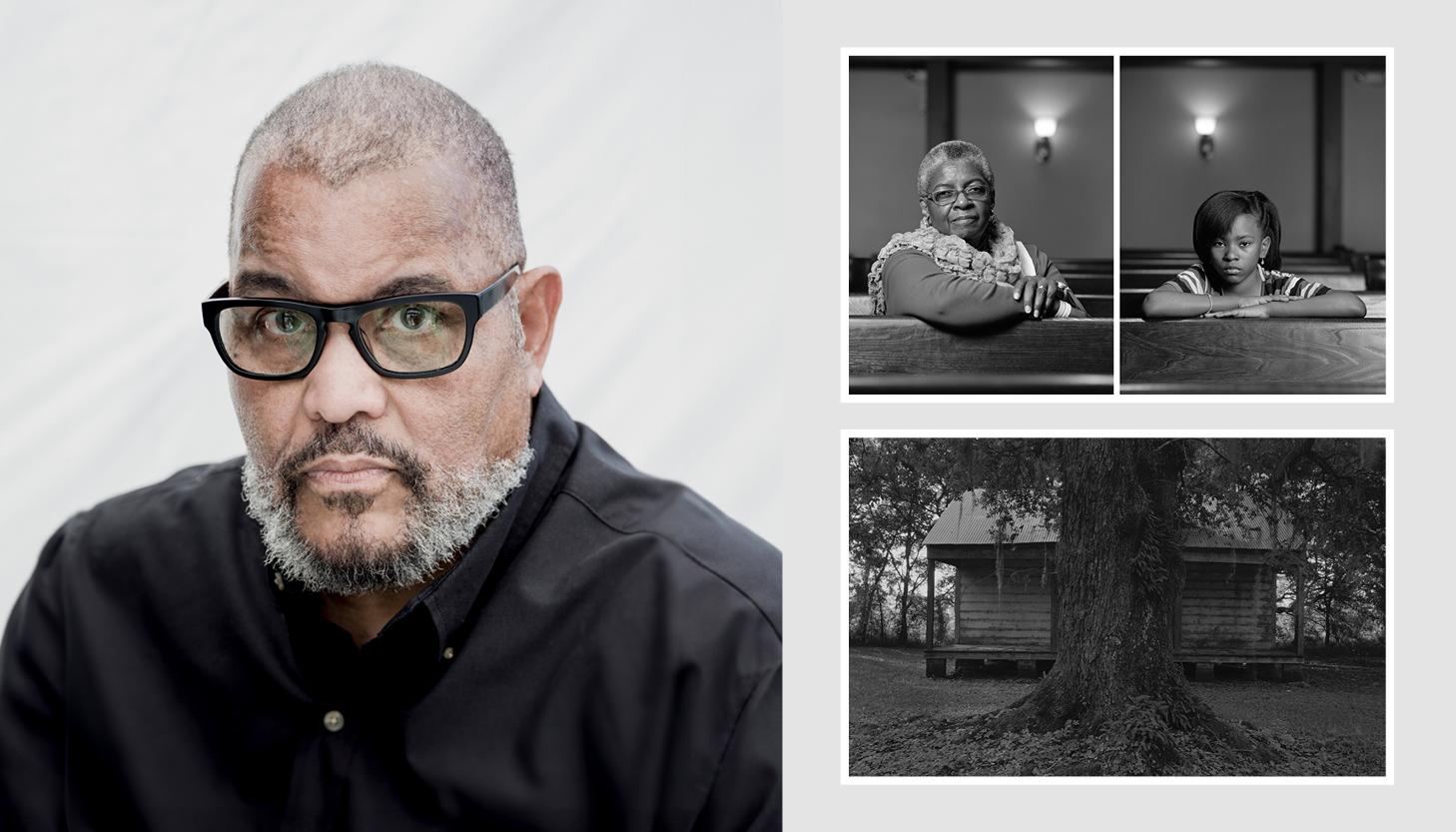 Collage image including a portrait of Dawoud Bey and two of his photographs. One shows two Black women in a church, the other is of a cabin behind a tree.