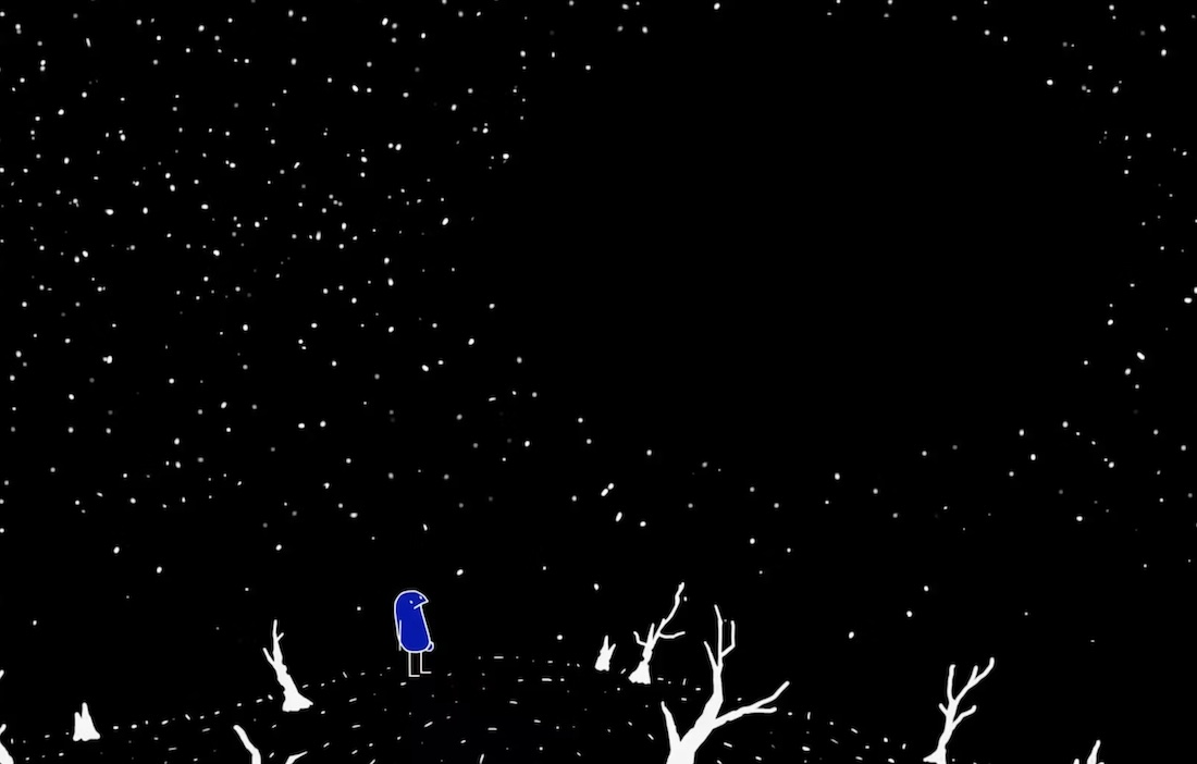 A still from an animated short with a blue figure standing under a dark, star-filled sky.