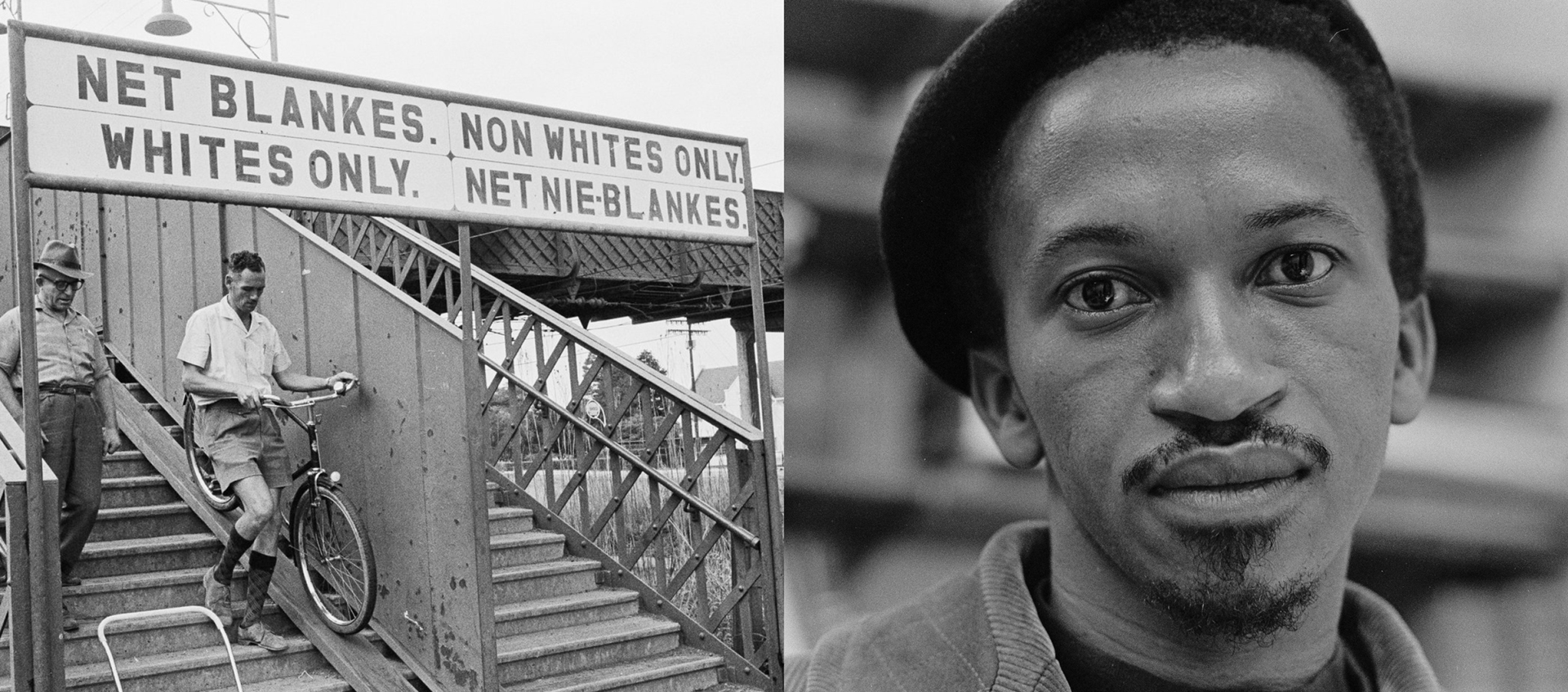 Two men descending a staircase, one carrying a bicycle under a whites only sign. Right is a close up of a Black man's face.