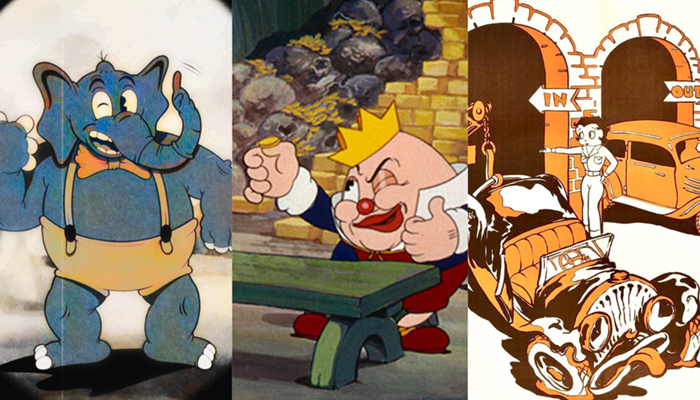 Three images of cartoons: a standing elephant wearing overalls, a king counting coins, and Betty Boop working at a garage.