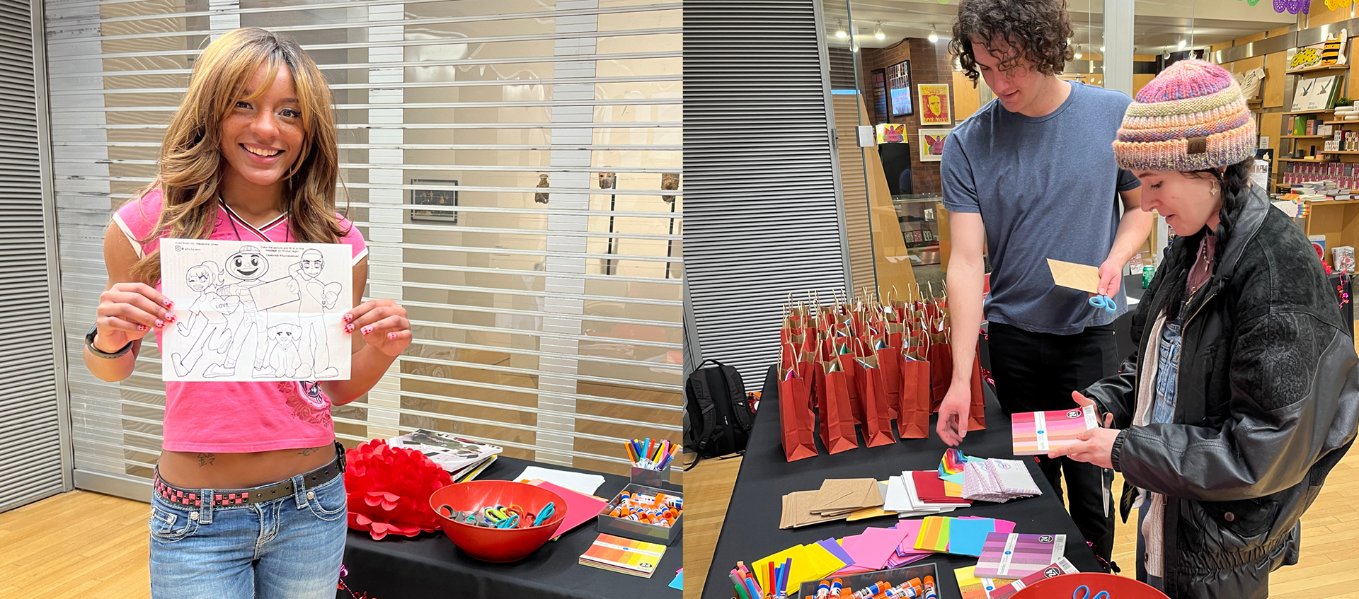 Collage of images showing students selecting materials to make cards at Buckeye Love Week. 